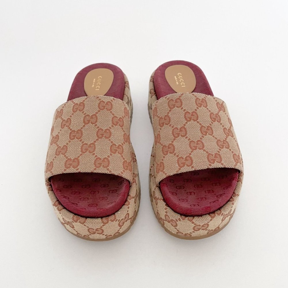 Gucci Angelina GG Platform Slides EU 38 US Women's 8 Tan Sandal Original Logo - Picture 2 of 12